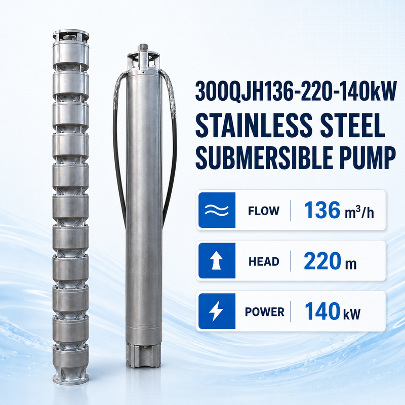 深井戸用途向け、揚程220m、流量136m³/hの140kWステンレス製水中ポンプ